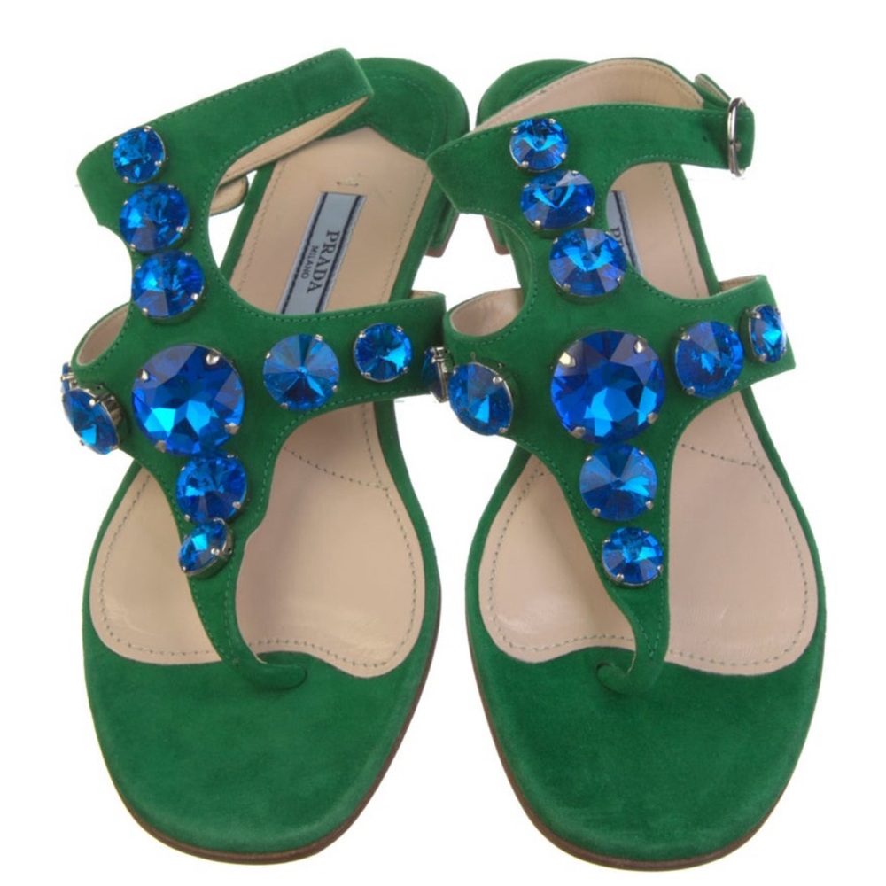 Prada suede green gladiator sandals embelished with blue crystals size 7